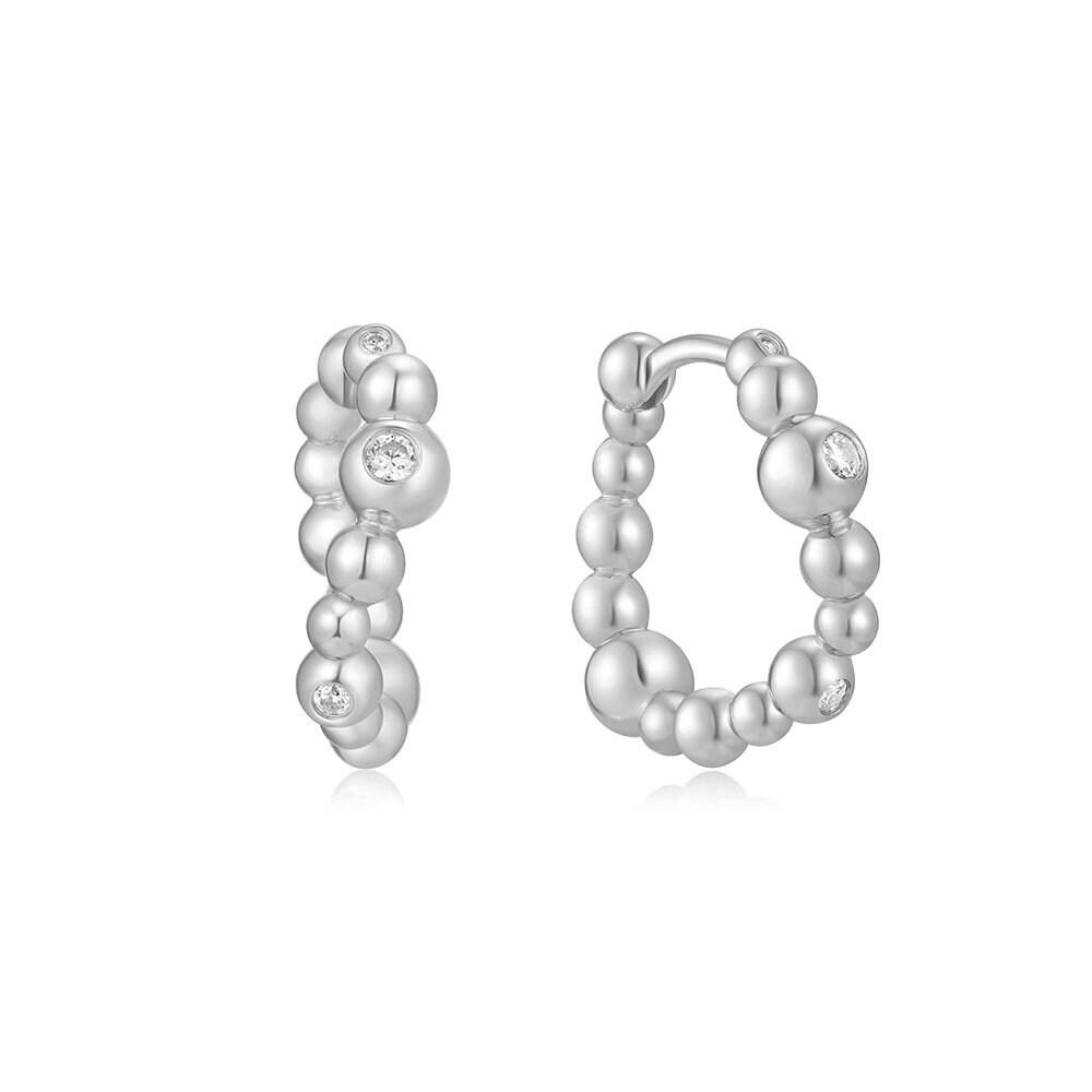 Silver Bezel Bead Curved Huggie Hoop Earrings 925 Silver E066-08H