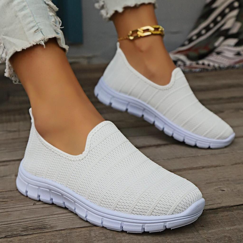 2024 Summer European & American Solid Color Casual Slip-On Flats, Breathable Lightweight Flyknit Plus Size Shoes.