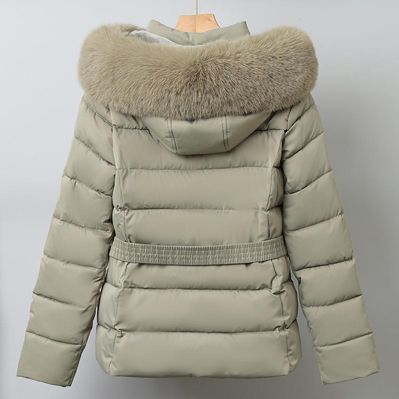 Mote Vinterkåpe Dame Parkas Hette Fuskepelskrage Tykk Varm Damejakker Med Belte