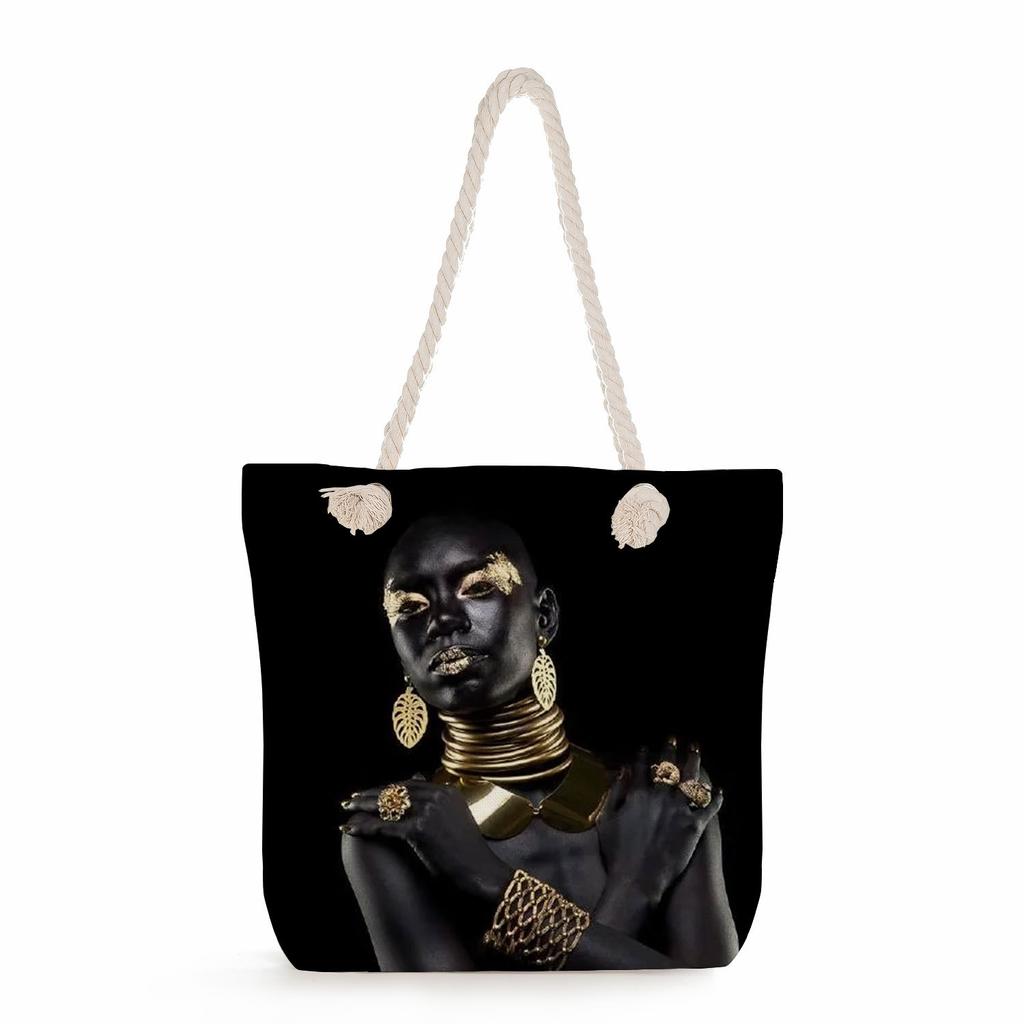 Multifunctional Cool Black People Printed Thick Rope Shoulder Beach Bag Casual Large Capacity Handbag 0114