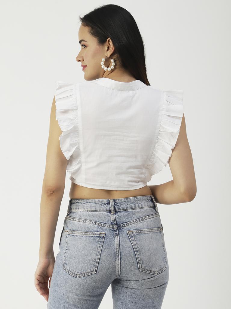 Moomaya Crop top din bumbac solid cu nasturi, topuri cu mâneci cu voloane de vară