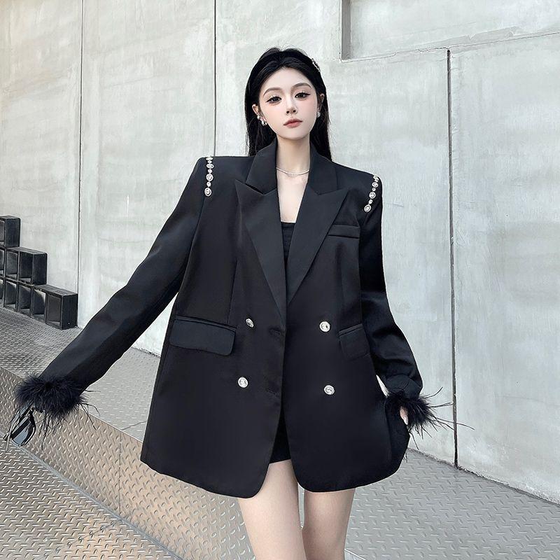 

High Sense Women s Spring Autumn Beaded Feather Tassel Satin Blazer Rhinestone Decor Long Sleeve Socialite Trendy Coat S чёрный