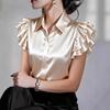Women Shirt Lapel Ruffle Short Sleeve Single Breasted Shirt Tops Pure Color Smooth Satin