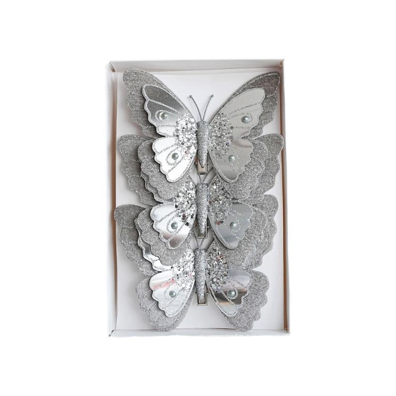 Pack Of 3 Double Layer Butterfly Christmas Tree Clip Accessory Elegant Fabric Ornament For Holiday Decorations