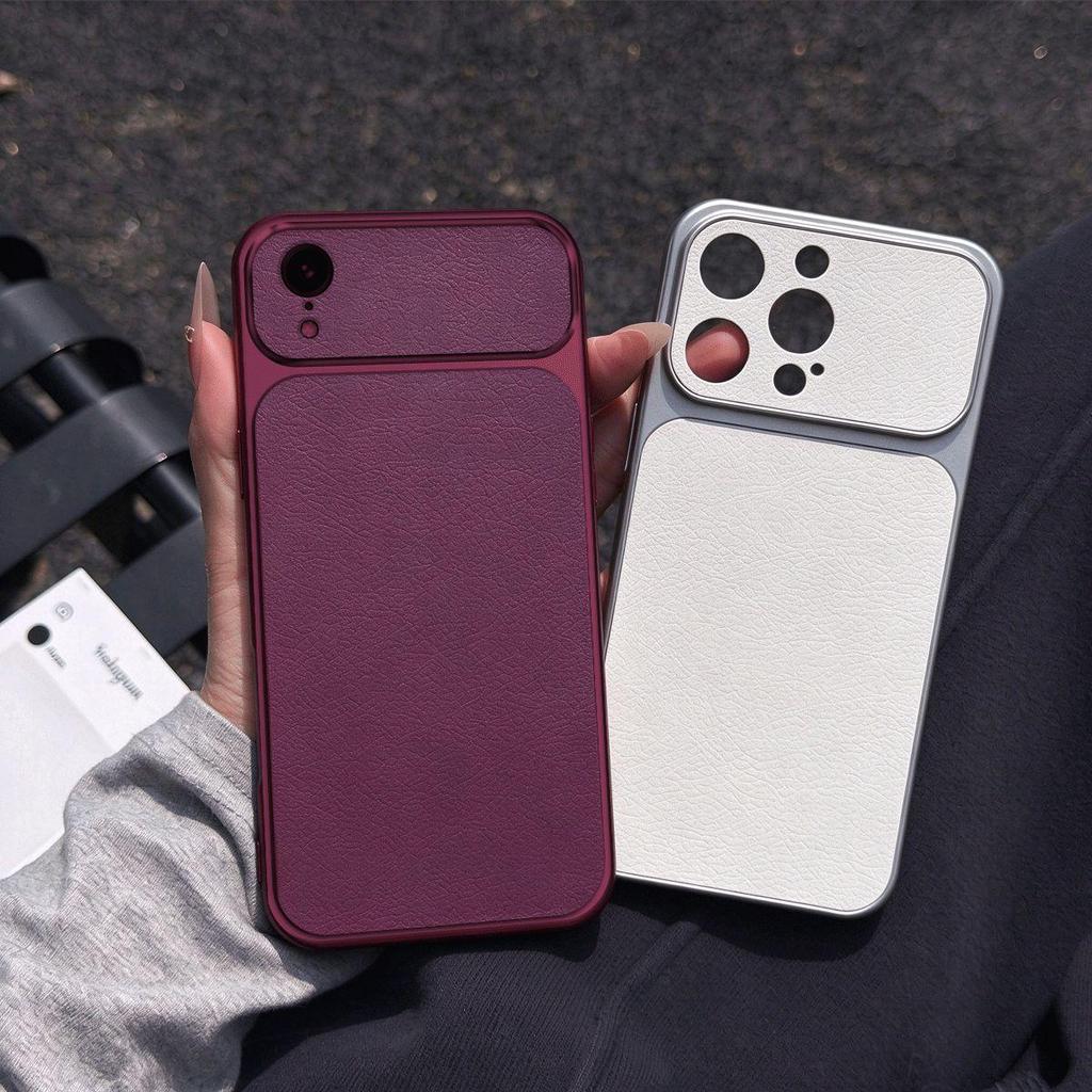 Elegant Faux Leather Cover for iPhone XR Shiny Plated Edge & Large Lens Design Case