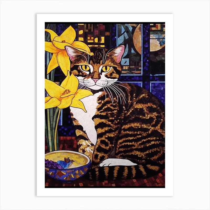 Vintage Bouquet Flower Lotus Lilies With A Cat Art Nouveau Klimt Style Art Print Poster Canvas Painting Wall Picture Room Decor