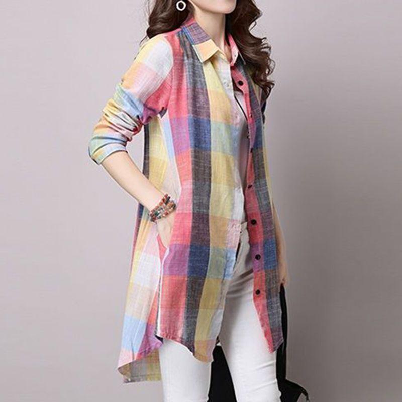 Plus size dames zomer dunne geruite lange blouse losvallend elegant Koreaanse stijl blouses tops
