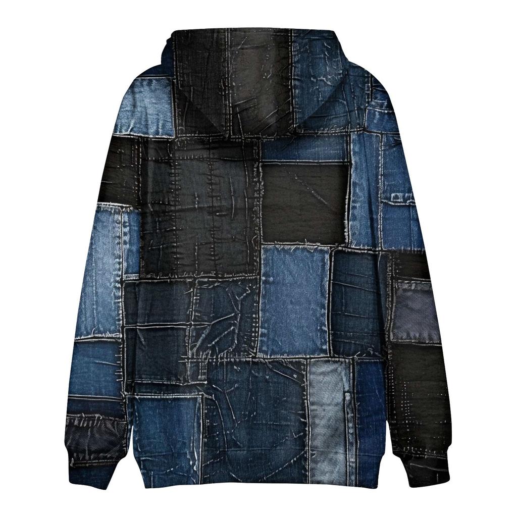 Pánská volná mikina v etnickém stylu Imitace džínoviny Patchwork 3D potištěná mikina s kapucí Běžná móda Sportovní mikina