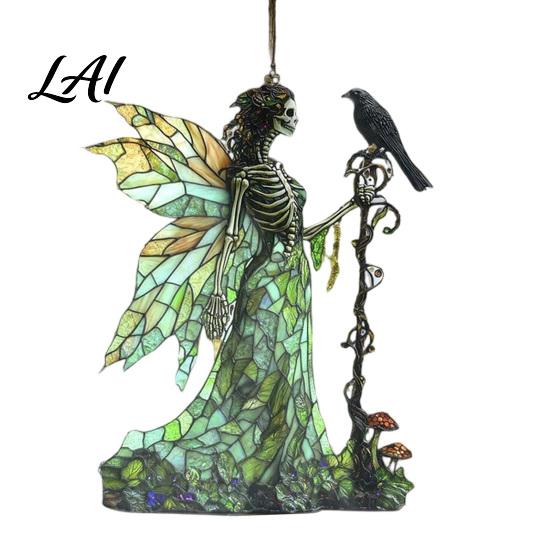 Home Interior Decorations Stained Glass Style Skeleton Fairy Window Hanging Suncatcher Acrylic Decorative Ornament with Butterfly Wings Garden Decor