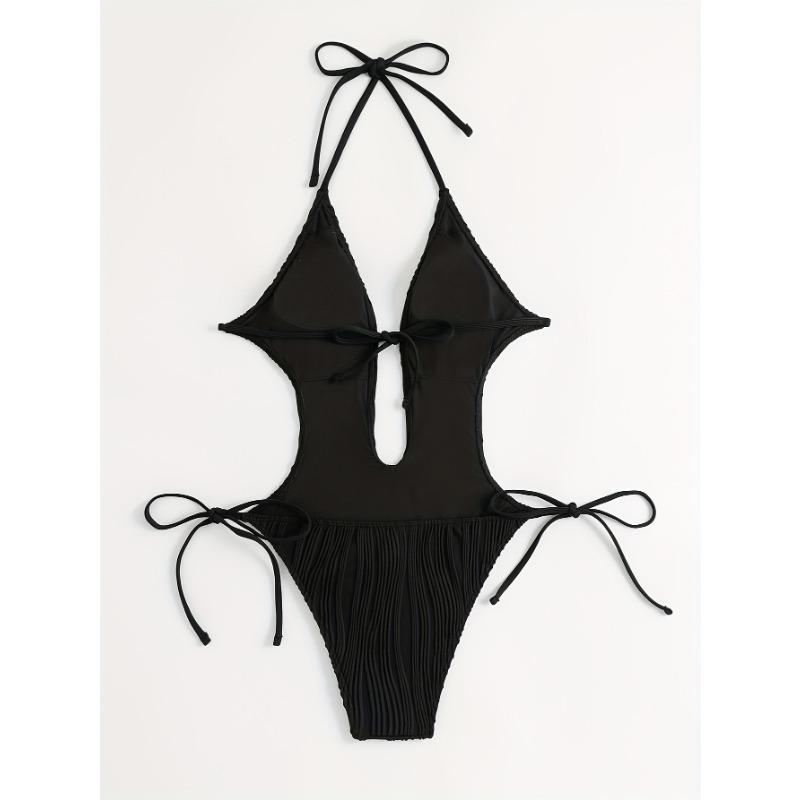 

Ribbed Knit Halter Cutout One Piece Swimsuit Tie Side High Cut Bathing SuitSolid color XL чорний