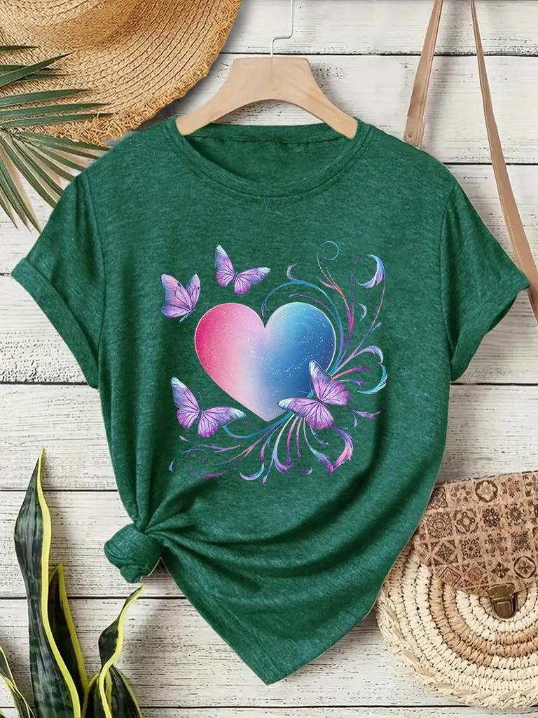 Europäisches & Amerikanisches Rundhals-T-Shirt mit Schmetterlings-Herz-Print für Damen - Sommer Lockeres Kurzarm-Oberteil