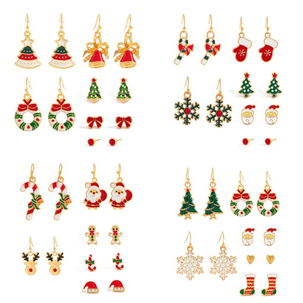 Christmas Reindeer & Santa Claus Stud Earring Set - Festive Cartoon Snowflake Bell Design for Women