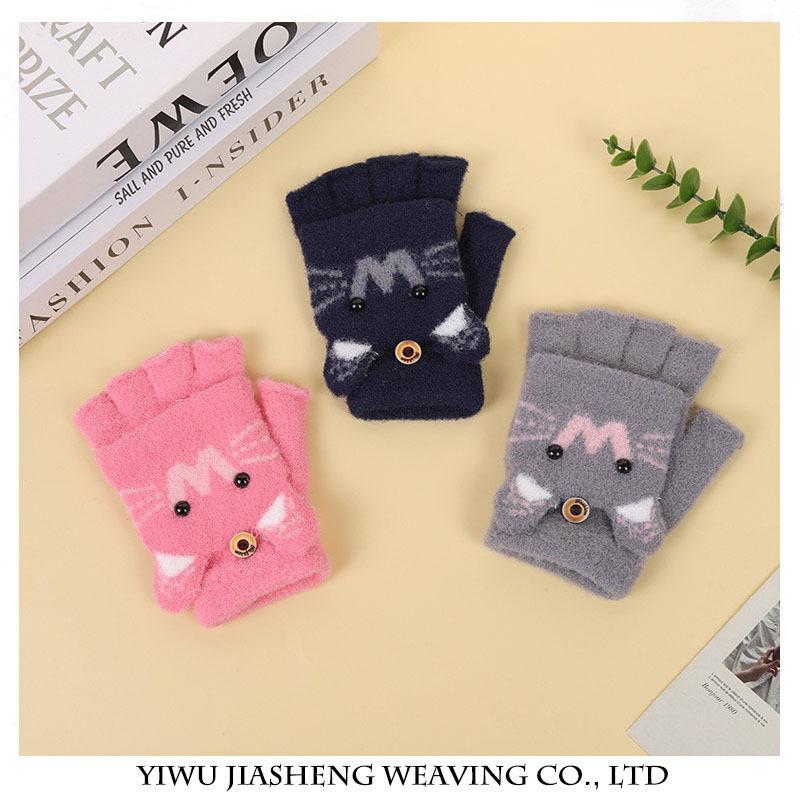 Wool Knitted Children's Half-finger Cute Cartoon Thickened Clamshell Warm Autumn and Winter Korean Version Student Cold-proof Winter Gloves