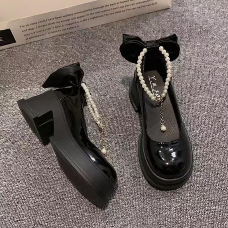 Retro Versatile Mary Jane Women's Shoes Spring and Summer Bow High Heel French Single Shoes Small Leather Shoes