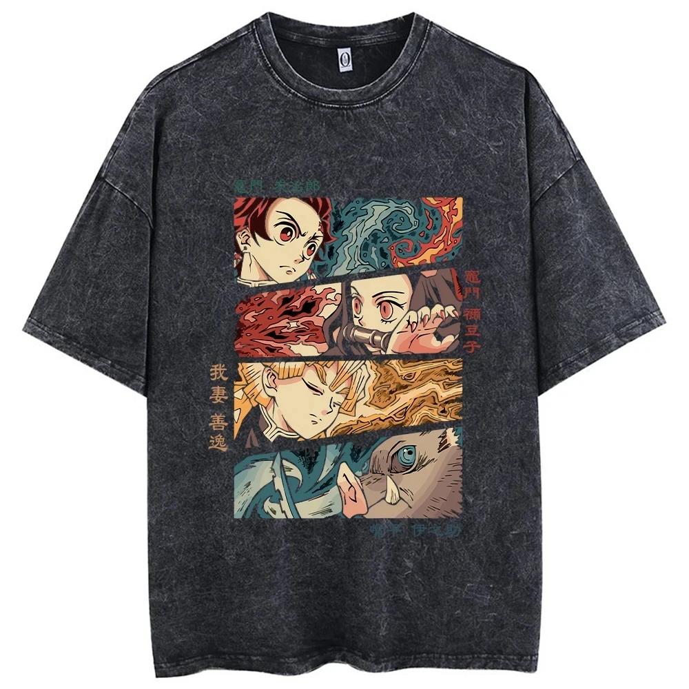 Women'S Vintage Anime Print Acid-Washed T-Shirt Washed Cotton Short-Sleeved Streetwear Top Manga Fashion Oversized T Shirt