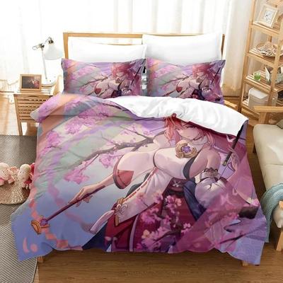 Anime Genshin Impact Yae Miko Spiel Bettwäscheset Bettbezug Bettset Steppdecke Kissenbezug Bettdecke King Queen Größe Jungen Erwachsene