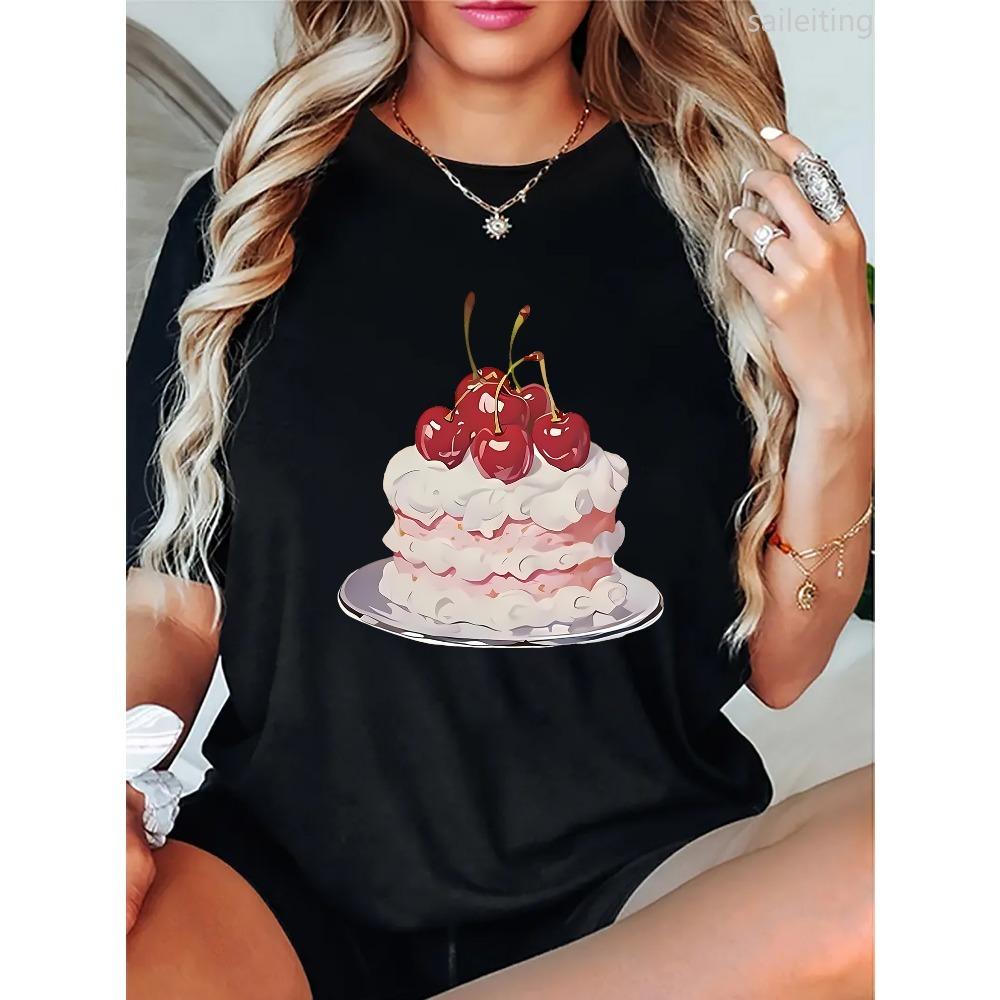 Plus Size Clothing Women s Harajuku Sleeve Casual Cherry Cake Print Short Sleeve Crew Neck Casual Sports Short Sleeve Crew Neck M