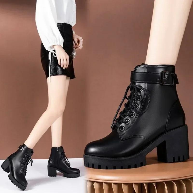Women's Boots 2024 New Lace Up Boots for Women Fashion Knight Boots Women Round Head Chunky Heel Female