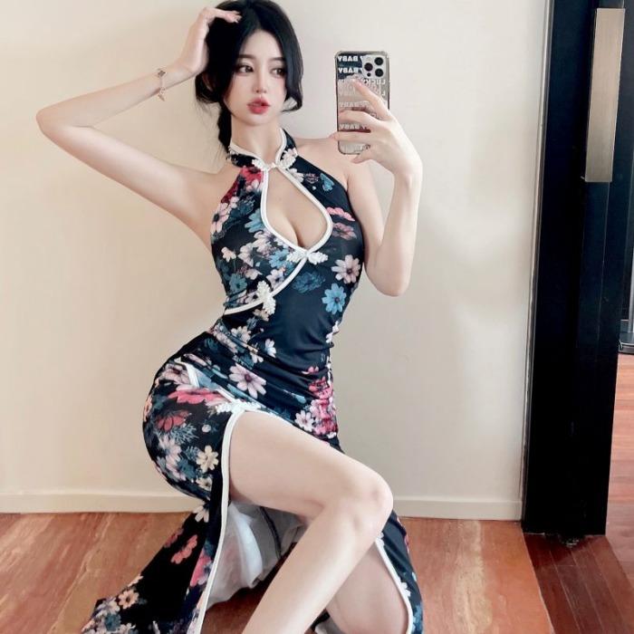new sexy hollowed-out neck-hanging cheongsam showing thin high waist retro printing temperament long dress summer