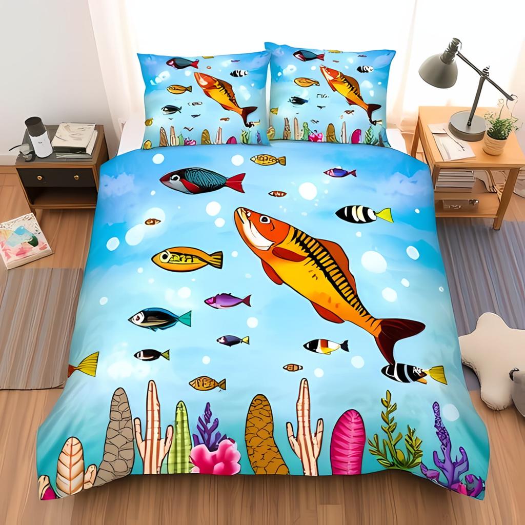 Fishing Queen Duvet Cover Set Vibrant Blue With Cartoon Fish Water Splatter Design Perfect For Fishing Lovers Warm And Soft