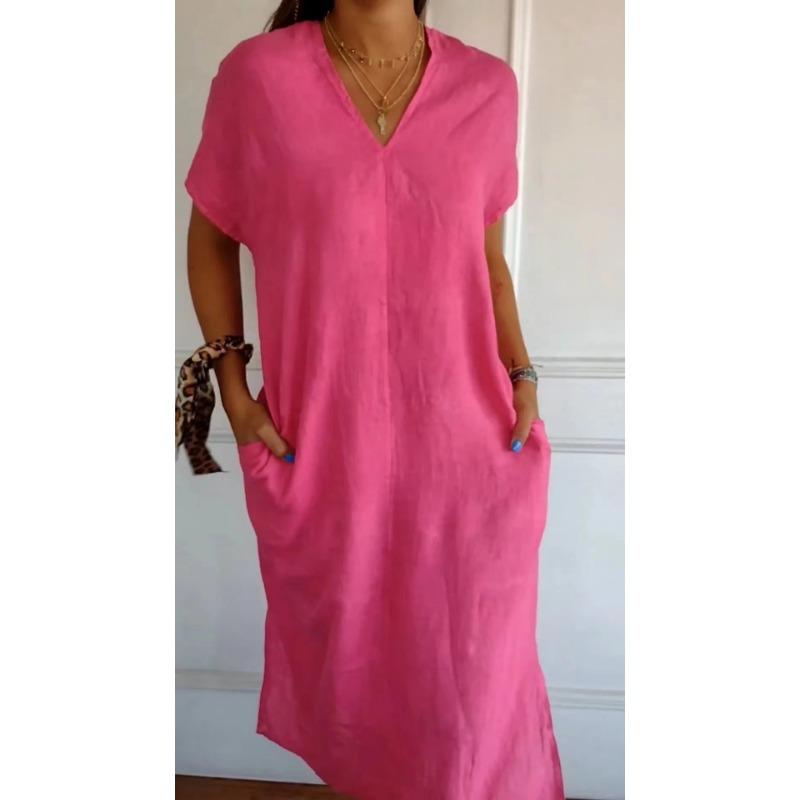 Nuovo Vestito Corto a Maniche Corte con Spacco in Cotone e Lino per Donna - Primavera ed Estate