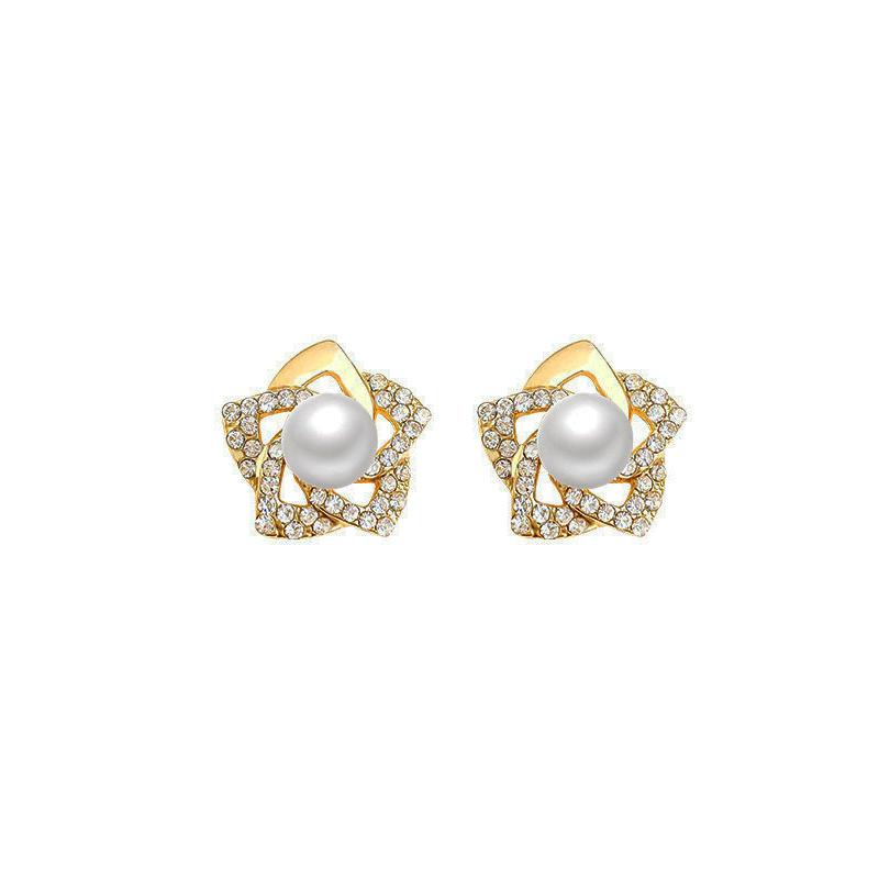 Sweet Big Flower Hollow Imitation Pearl Crystal Stud Earrings for Women Temperament Korean Design Jewelry