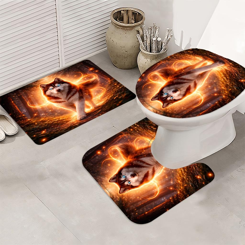4Pcs Majestic Husky Shower Curtain Set with Non-Slip Bath Mat, Toilet Lid Cover, Contour Rug & 12 Hooks, Bathroom Decor