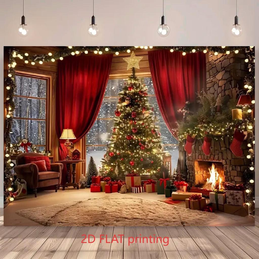 2D FLAT1PC Winter Christmas Background Cloth, Warm Room Christmas Tree Gift Box, Fireplace Design Background