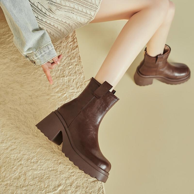 Fashion NEW Winter Women Boots Split Leather Shoes for Women Round Toe Chunky Heel Shoes Casual Zip Platform Shoes Warm Wool Snow Boots