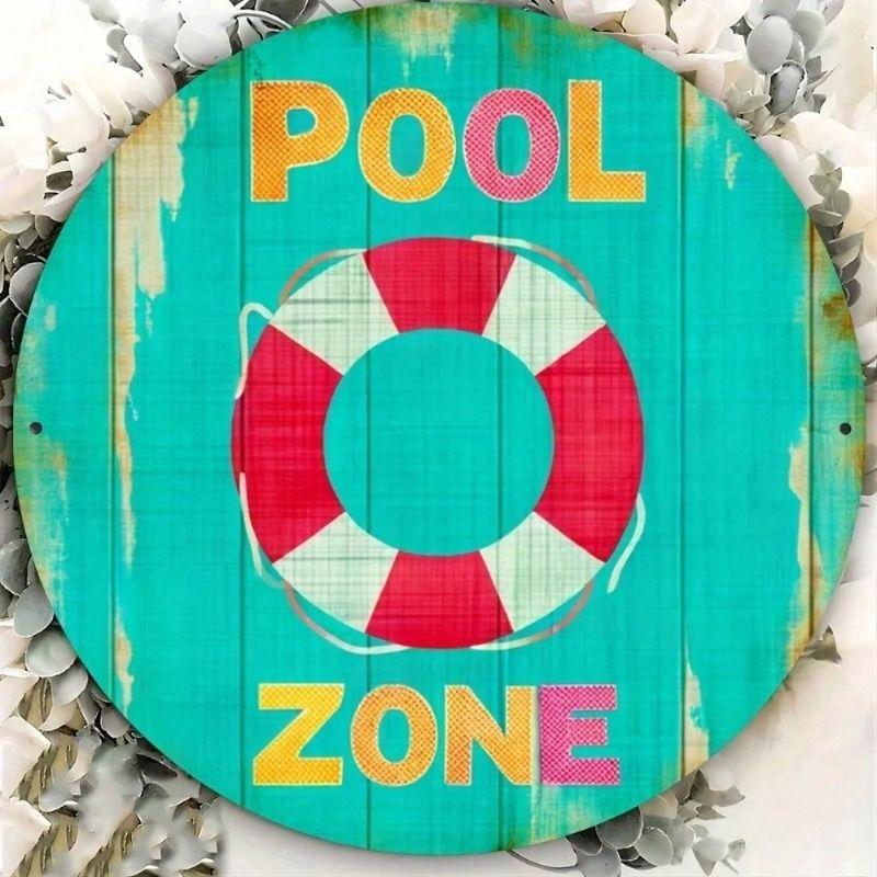 

Metal Wall Art Retro Lifebuoy Rustic Teal Wood Grain Red Pool Sign 7.87x7.87 Inch