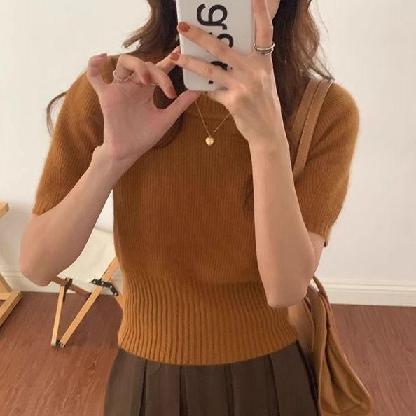 Women's High-End Soft Gray Knitwear: Bubble Sleeve Fitted Round Neck Short Sleeve Sweater for Autumn/Spring