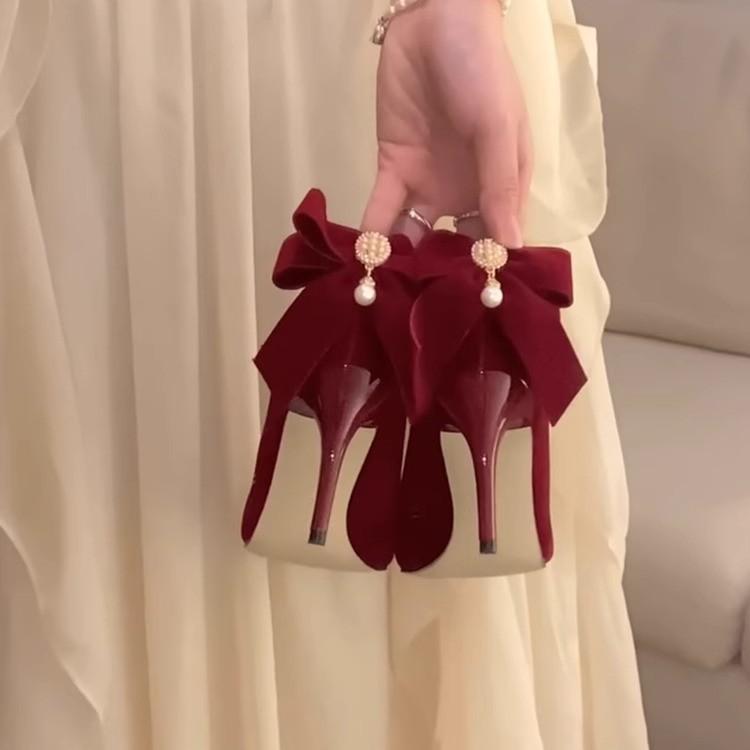 2025 Wedding Shoes Round Head Velvet Single Shoes Women's Medieval Bow High Heels