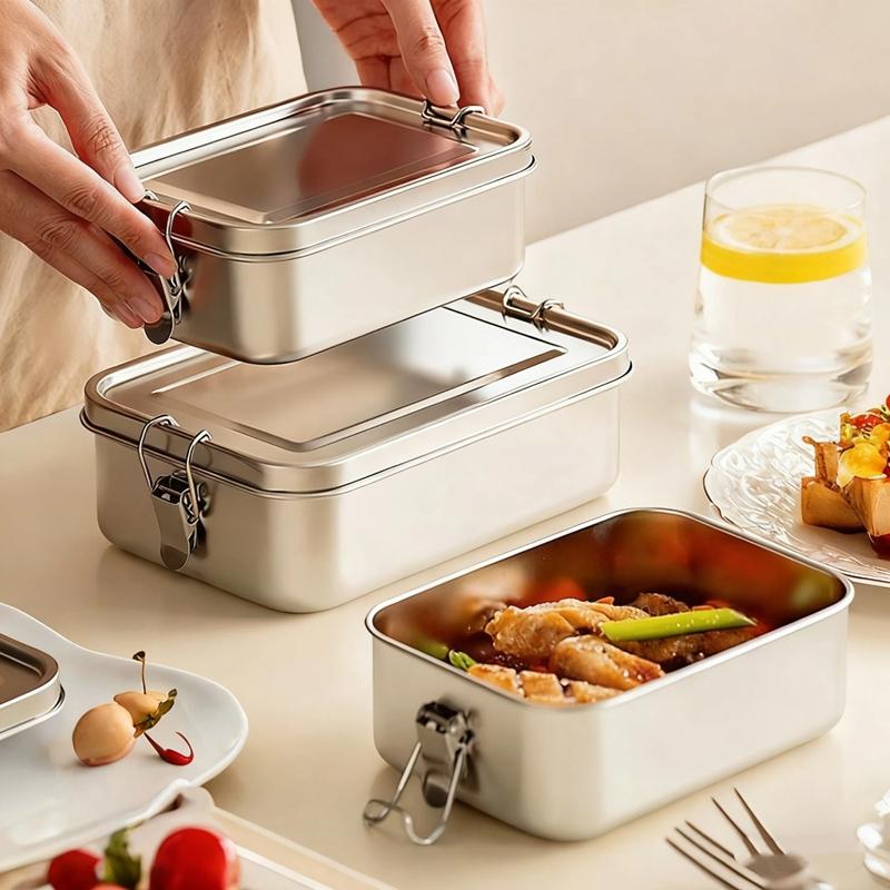 304 Stainless Steel Bento Box With Lockable Clip Metal Portable Food Storage Boxes Multiple Sizes For Home Use Fresh-keeping Box
