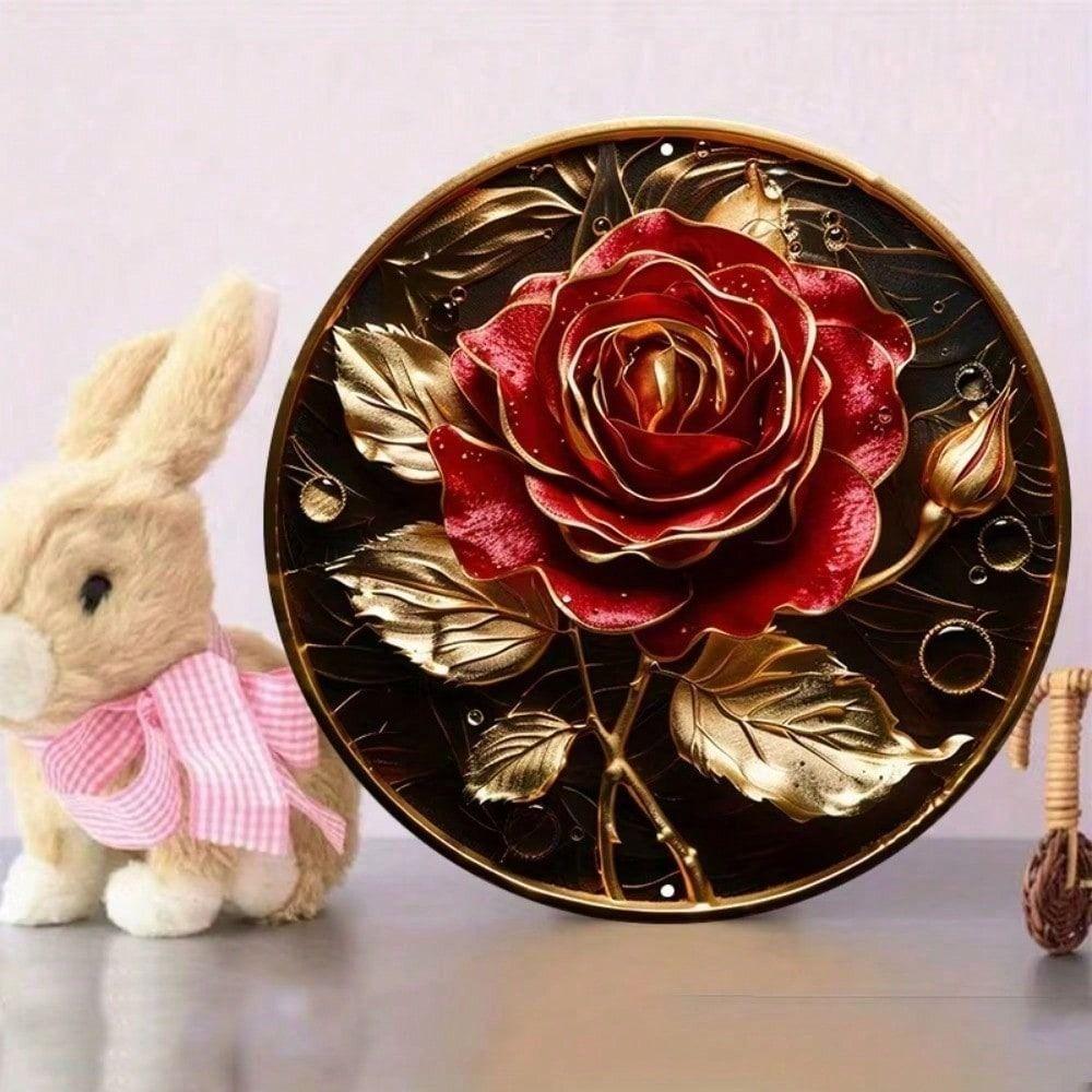 Metal Wall Art Poster, Round Rose Wreath Home Decor Gift