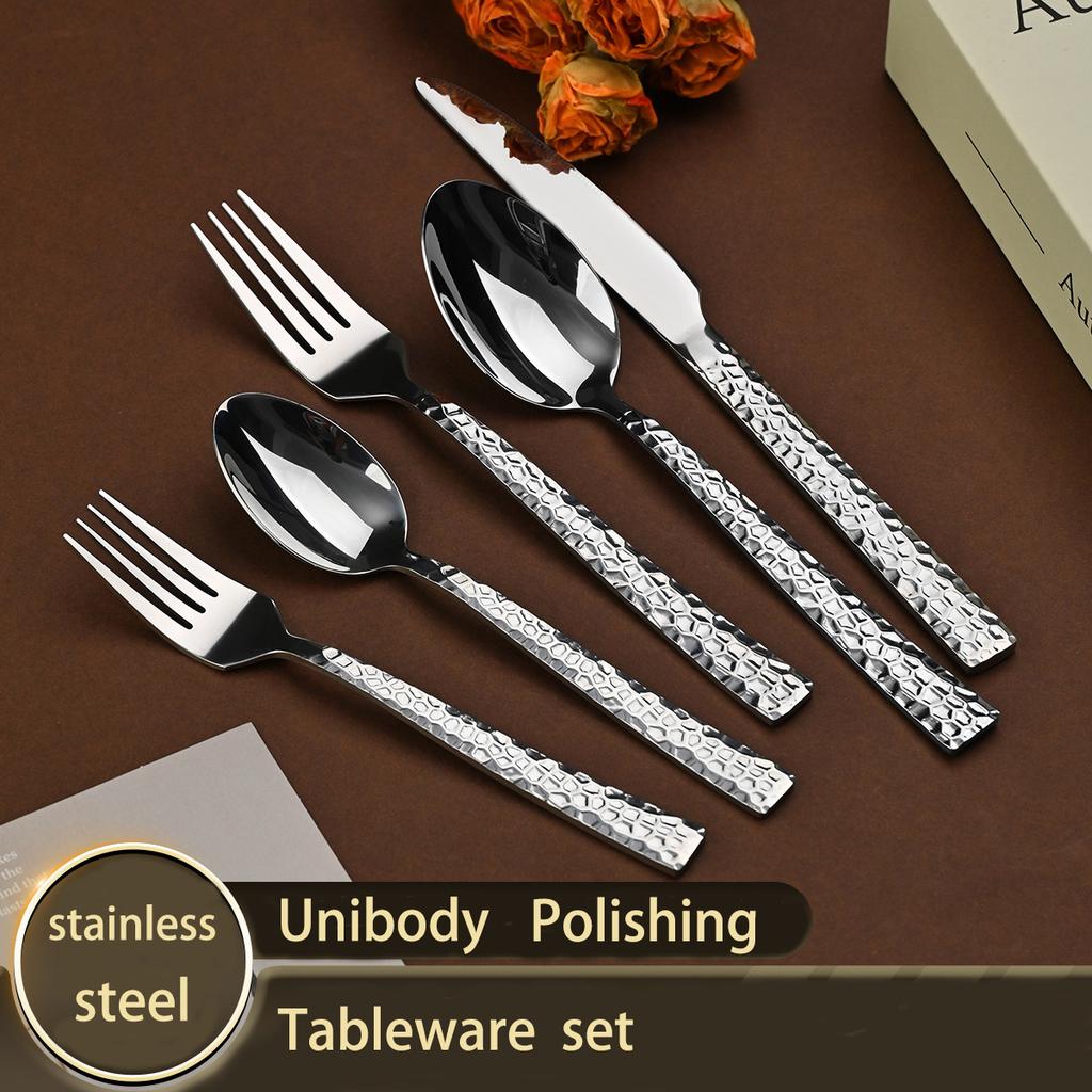 Stainless steel tableware set Western tableware fork Hammer steak knife fork spoon one molding polishing tableware set