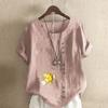 Women's Fashion Goldfish Prined Round Neck Short Sleeve T-shirt Casual Cotton Linen Graphic Shirt Leisure Loose Summer Blouse Tops