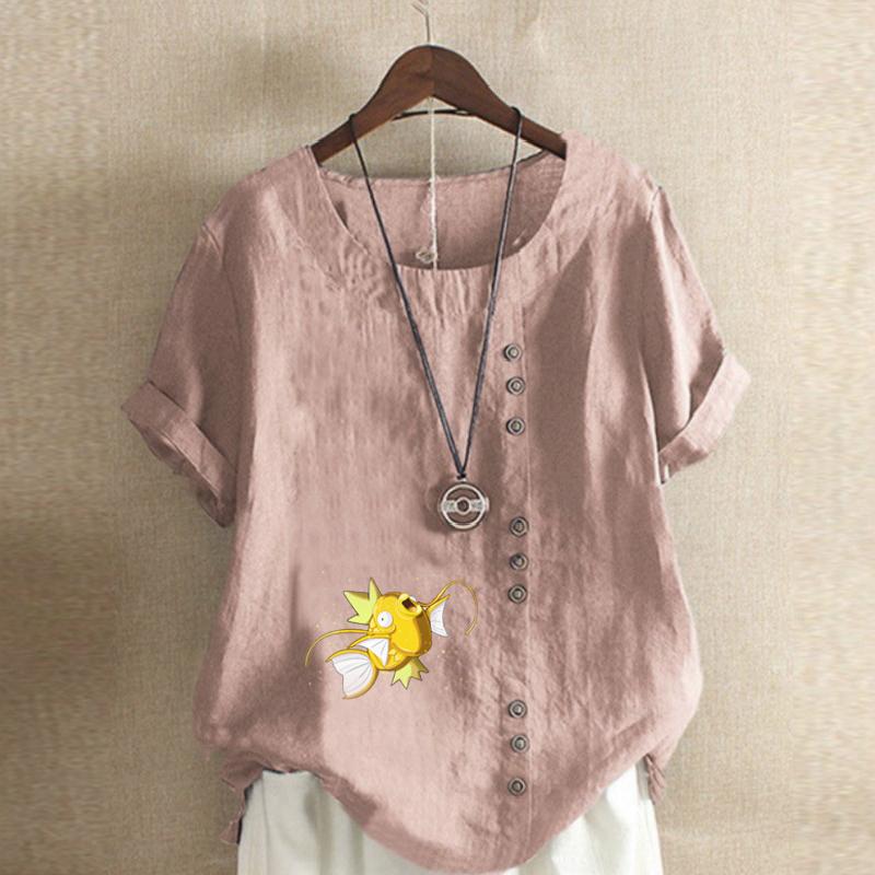 Women's Fashion Goldfish Prined Round Neck Short Sleeve T-shirt Casual Cotton Linen Graphic Shirt Leisure Loose Summer Blouse Tops