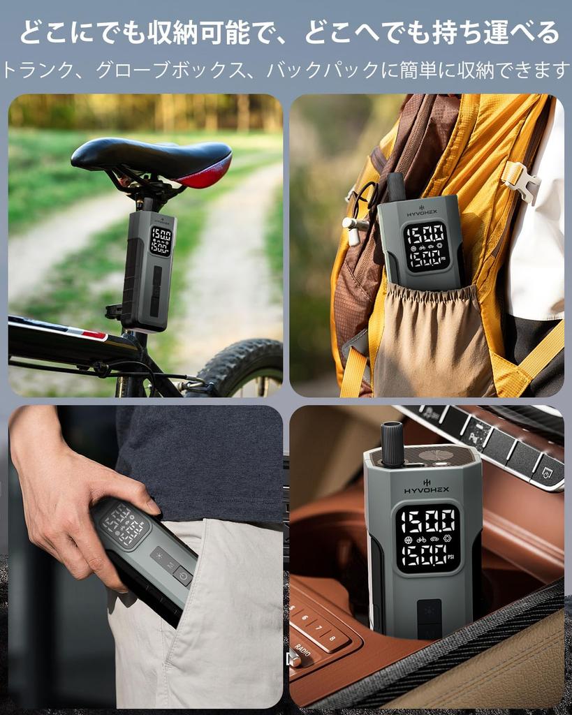 HYVOHEX Electric Bicycle Air Pump, Cordless, Fast Inflation in 1 Minute, 5200mAh High-Capacity Battery, Compatible with Presta/Schrader/American Valve