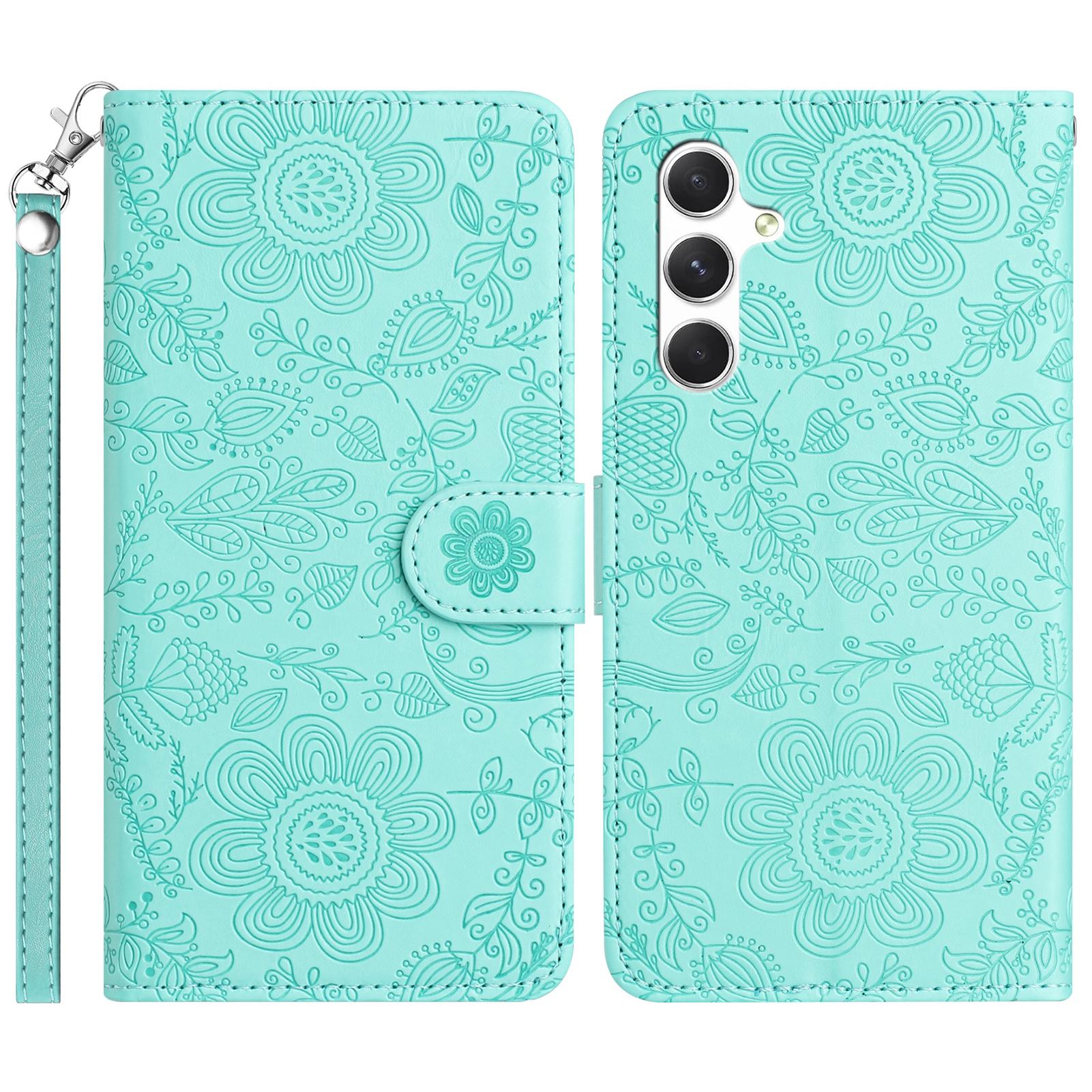 

For Samsung Galaxy A25 5G (Global) (161.0 x 76.5 x 8.3mm) Case Flower Imprint Leather Flip Wallet Phone Cover with Wrist Strap Light Green