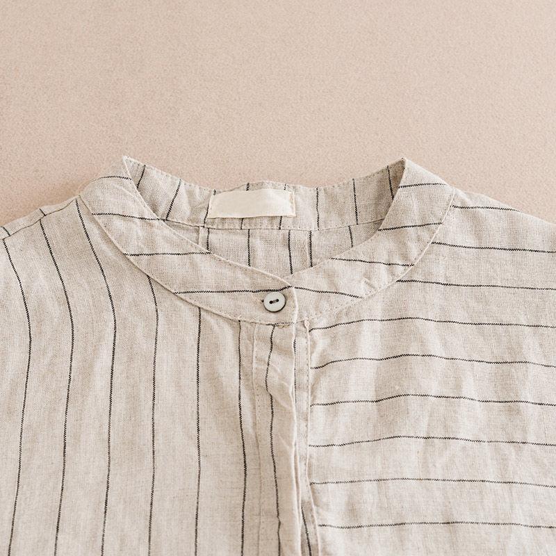 Summer Round Neck Half Sleeve Striped Single Breasted Shirt Sets Elastic Waist Cotton Hemp Pockets Loose Casual Haren Pants Suit