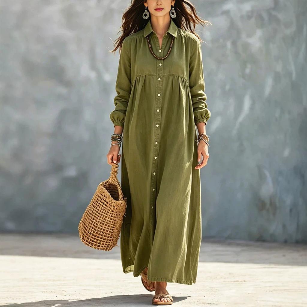 Women's Color Long Shirt Dress with Turn-Down Collar and Single-Breasted Button Front for Casual Wear