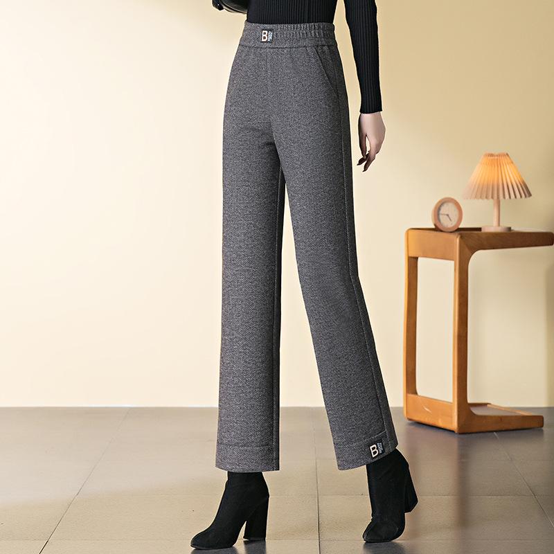 2024 Autumn/Winter High-Waisted Wool Slimming Straight-Leg Cropped Warm Pants for Middle-Aged Women