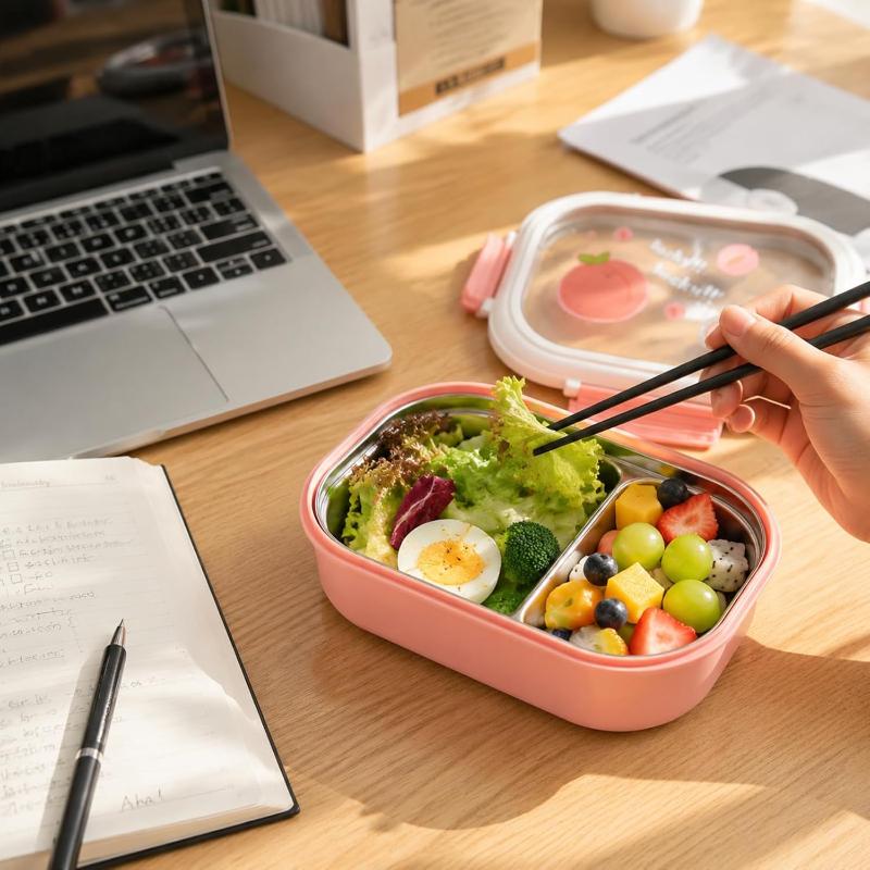 304 Food Grade Stainless Steel Lunch Box Split Compartment Bento Box Reusable for Fruit Salad Meal Work School Use