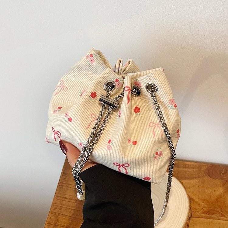 Trendy Soft Fabric Drawstring Bucket Bag With Chain For Women Ideal For Daily Outfits