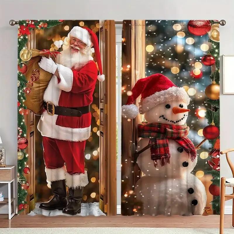 Set Of 2 Christmas Santa Claus Snowman Printed Curtains Pole Bag Home Decoration Room Made Polyester