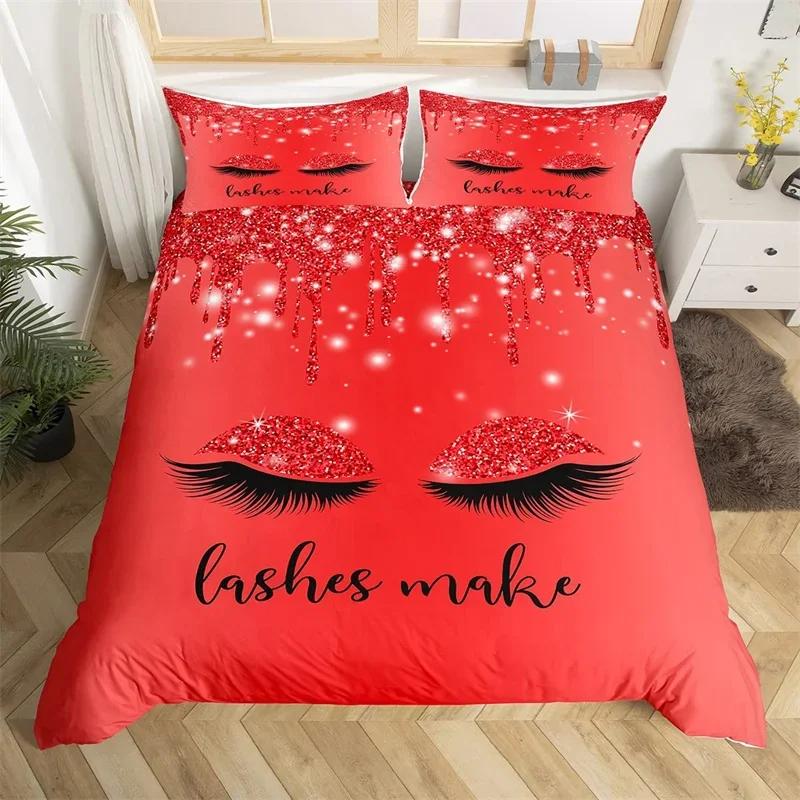 Smile Eyelash Duvet Cover Set Glitter Fragments Dreamy Twin Queen Bedding Set Microfiber Eyelashes Make Romantic Comforter Cover
