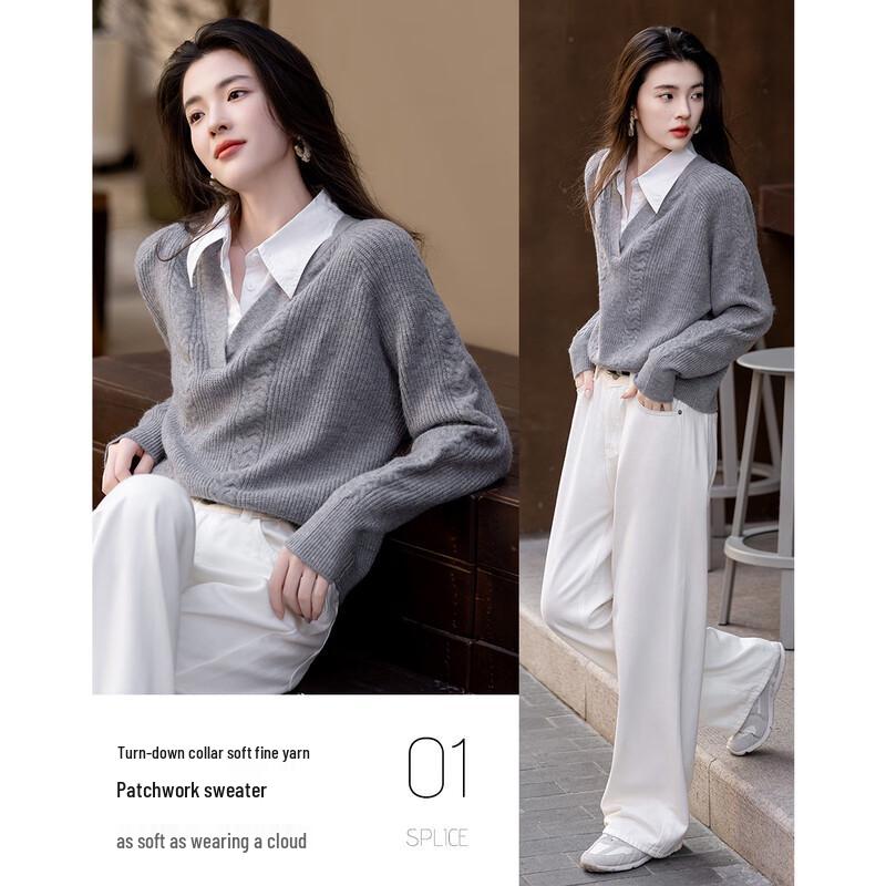 DeMana Women's Spliced Lapel Knit Sweater