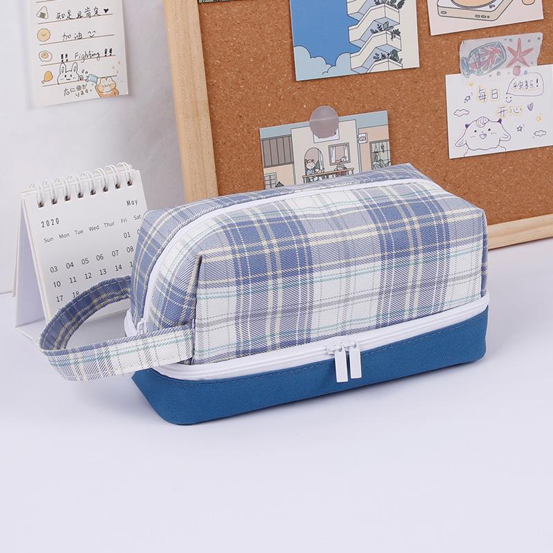 Large-capacity Double-layer Pencil Case Japanese Canvas Student Girl Heart Lattice Plaid Pencil Case Cute Bow Gifts for Girls