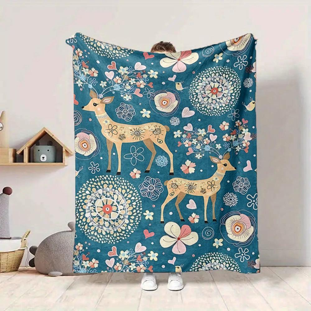 1pc Deer Floral Lightweight Flannel Blanket, Comfortable and Warm Blanket, for Office and Camping Sofa Bed, Livingroom108