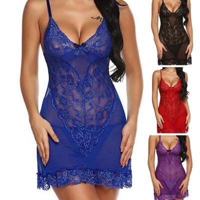 Women Nightdress Spaghetti Strap Perspective Lace Solid Color Sleeveless Sexy Soft Backless V Neck Women Nightie